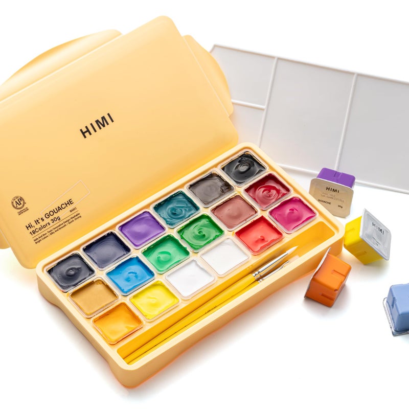 HIMI Gouache Paints Set, 18 Colors, 30g, jelly gouache paint set, Non Toxic Paint for Canvas and Paper, Art Supplies for Professionals, and More (Yellow Case) - Image 1